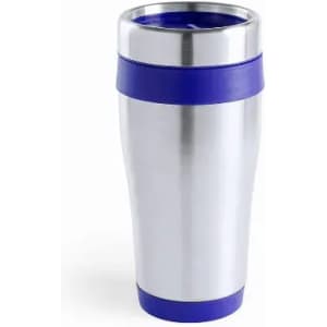 A drink bottle with a silver stainless steel body and a blue silicone band, featuring a silver lid.