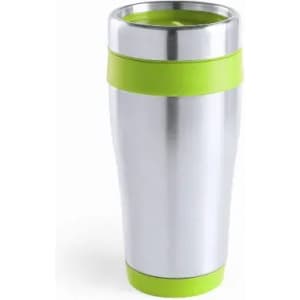 A drink bottle with a sleek silver body and vibrant green accents, featuring a secure lid.