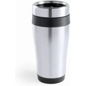 A drink bottle in silver with a black silicone grip and a lid, featuring a logo on the side.