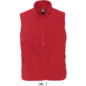 A red unisex fleece vest with a full zip and pockets. Features a logo on the label.
