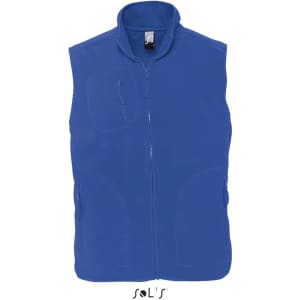 A blue fleece vest with a zip front, side pockets, and a logo. Ideal for unisex wear.