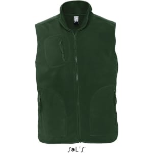 A green fleece vest with a zip closure and multiple pockets. It features a logo on the front.