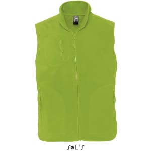 A bright green unisex fleece vest with a zippered front and side pockets, featuring a logo.