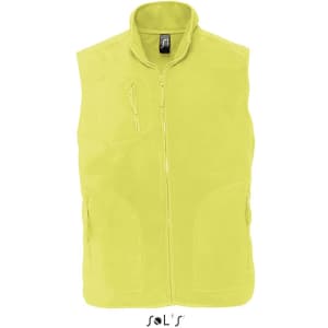 A unisex fleece vest in bright yellow with a zip front and two side pockets. It features a logo on the inside.