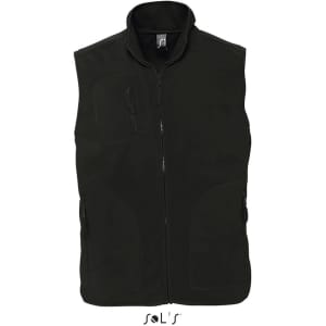 A unisex fleece vest in black with a zip front and pockets, featuring a logo.