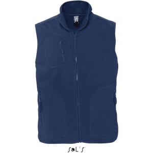 A navy fleece vest with a full zip and multiple pockets, featuring a logo. It's unisex and suitable for all.