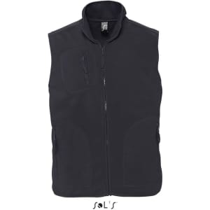 A black fleece vest with a zip front and two side pockets, featuring a small logo on the left chest.