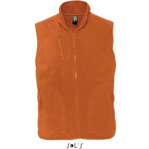 An orange unisex fleece vest featuring multiple pockets and a high collar, with a logo on the label.