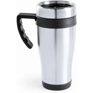 A drink bottle with a silver stainless steel body, black grip handle, and a black lid. Features a logo.