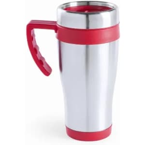 A drink bottle with a shiny silver body and a red handle, featuring a secure lid.