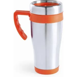 A drink bottle featuring a stainless steel body with an orange plastic handle and lid.