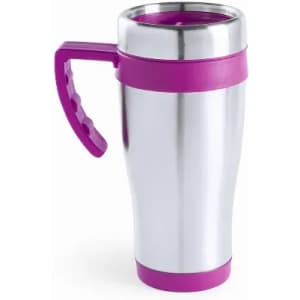 A drink bottle with a stainless steel body, featuring a purple plastic handle and base.