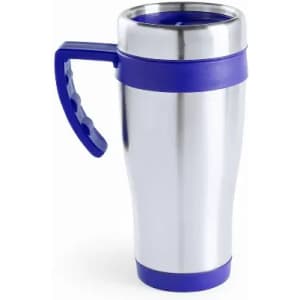 A drink bottle in silver and blue with a handle, featuring a shiny stainless steel body and a coloured grip.