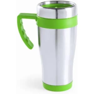 A drink bottle with a shiny silver body and bright green accents, featuring a handle for easy grip.