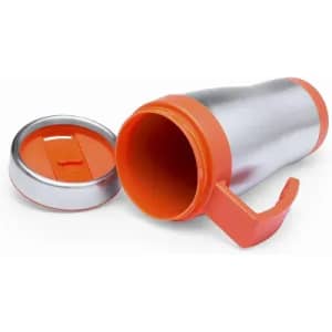 A drink bottle in silver and orange with a removable lid and a flip-top spout. It features a handle.