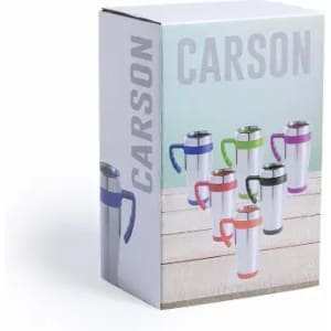 A drink bottle in various colours displayed on packaging, with a branding logo visible.
