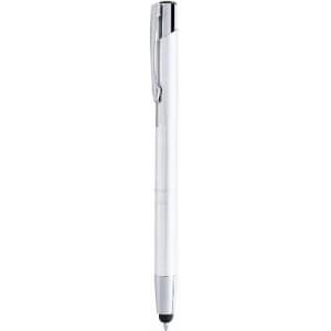 A pen with a sleek white body and chrome accents, featuring a logo on the side.