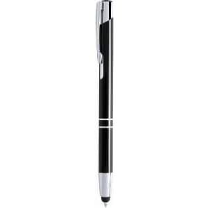 A pen featuring a sleek black body and chrome accents, with a stylus tip and a logo on the clip.