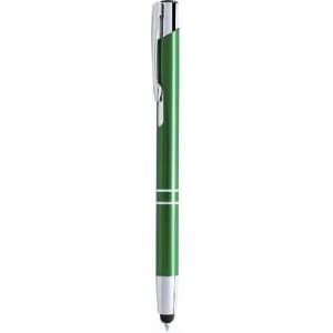 A green pen with chrome accents and a logo on the clip. The pen features a sleek design and smooth finish.