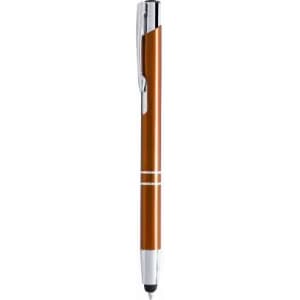 A pen with a brown barrel and silver accents, featuring a clip and a logo on the barrel.