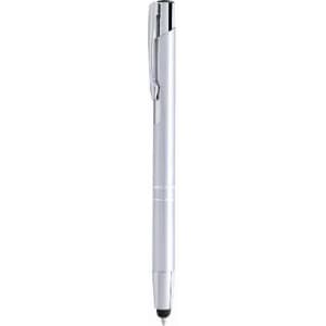 A silver pen with a sleek design and a clip, featuring a small logo near the top.