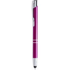 A pen in vibrant purple with silver accents and a stylus tip at one end, featuring a logo.