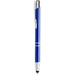 A blue pen with a glossy finish and silver accents, featuring a clip and a subtle logo.
