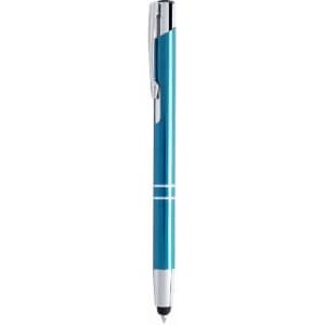 A blue pen with silver accents and a clip, featuring a polished finish and a logo on the barrel.