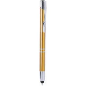 A gold pen with a chrome clip and accents, featuring a smooth writing tip and a sleek design.