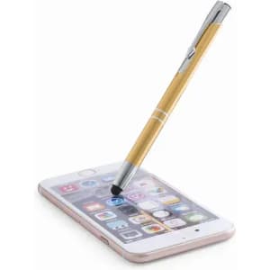 A stylus pen in gold rests on a smartphone screen, highlighting its touchscreen capabilities. The phone has a sleek design.