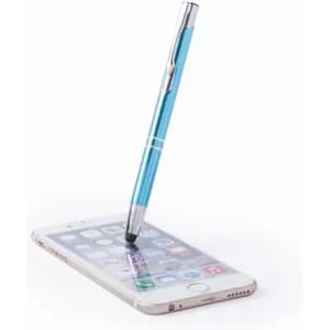 A blue stylus pen rests on a smartphone screen, featuring a silver clip and tip. The phone shows various app icons.