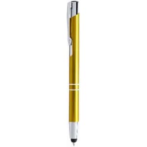 A pen with a shiny yellow barrel, silver accents, and a sleek design. It features a logo on the barrel.