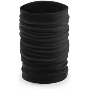 A black, textured neck gaiter made from stretchy fabric, featuring a gathered design.