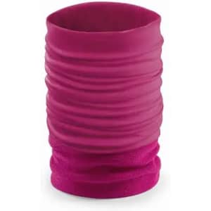 A drink bottle in vibrant pink with a textured, ruffled design and a branding logo.