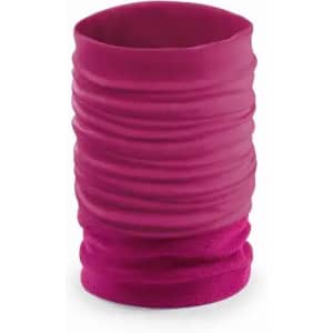 A drink bottle in a vibrant fuchsia colour with a textured, wrinkled design and a logo.