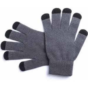 A pair of grey gloves with black tips on the fingers, designed for touchscreen use.