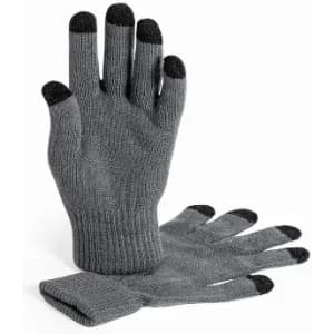 A pair of grey gloves with black tips on the fingers, displayed flat on a white background.