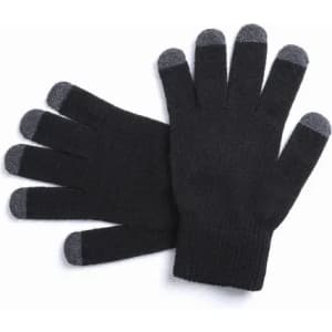 A pair of black gloves with grey tips on the fingers, featuring a knitted texture.