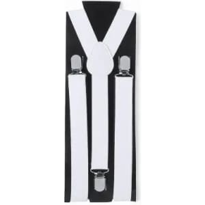 A set of white suspenders with silver clips, presented on a black backing. The design is simple and classic.