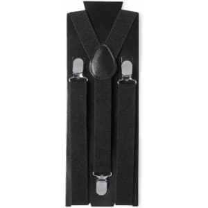 A set of black suspenders displayed on a card, featuring metal clips and an adjustable design.