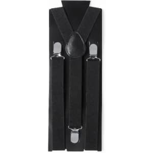 A pair of black suspenders displayed on a card, featuring metal clips and an adjustable design.