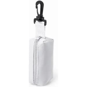 A white zippered pouch with a clip at the top, designed for carrying small items.