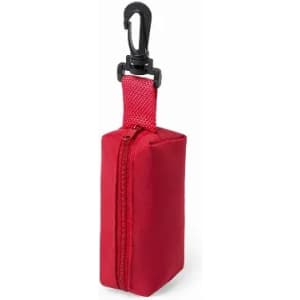 A red zippered pouch with a hook attachment, designed for carrying small items securely.