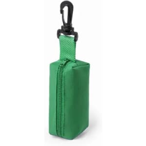 A green zippered pouch with a clip for easy attachment. It has a rectangular shape and a textured surface.