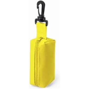 A yellow fabric pouch with a zipper and a black clip for attachment.