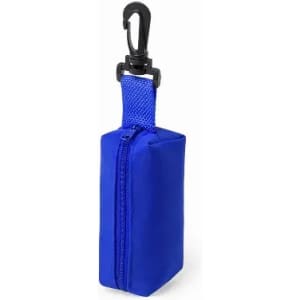 A blue drink bottle holder with a zipper and a clip for attachment.