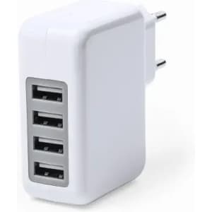 A white USB wall charger with four ports, featuring a standard plug for power outlets.