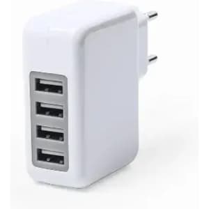 A white USB wall charger with four ports and a two-prong plug. It features a compact design.