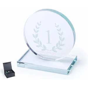 A trophy with a circular design featuring a laurel wreath and the number "1", displayed on a rectangular base, alongside a black box.