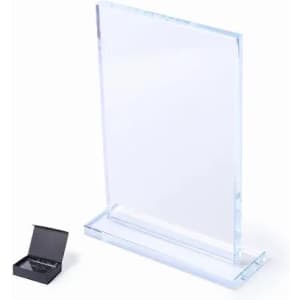 A clear acrylic award plaque stands upright on a base, next to a small black gift box.